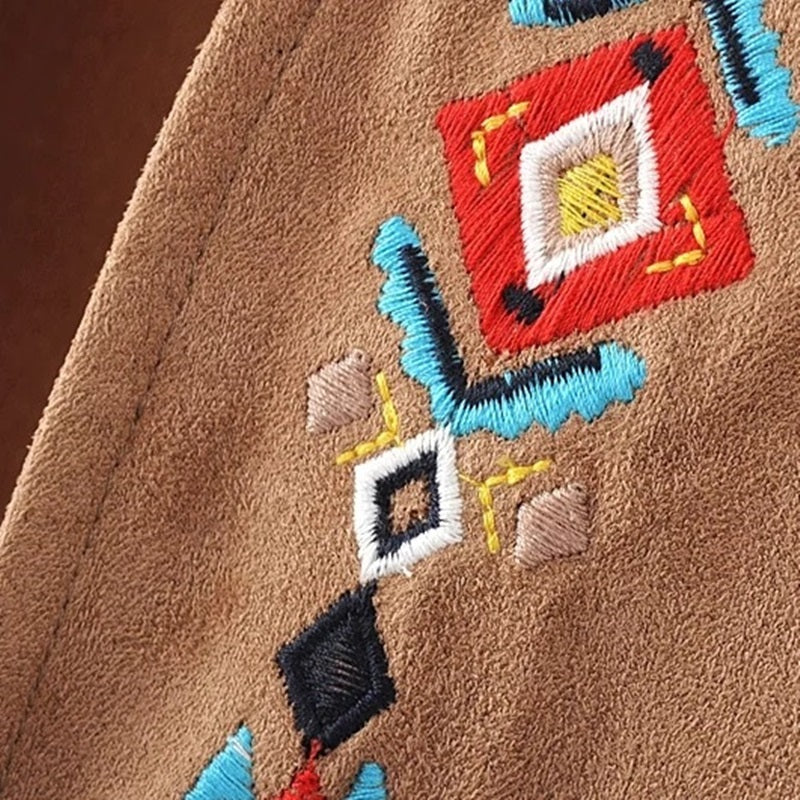 Southwestern Embroidered Faux Suede Fringe Vest